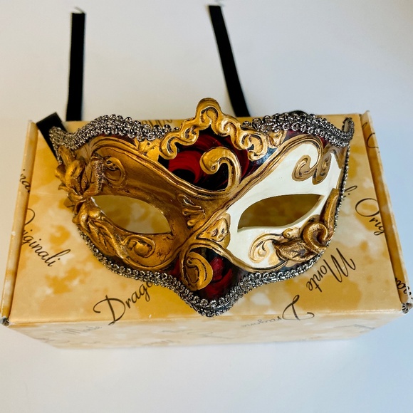 Venetian Red, White, Gold Papier-mâché Carnival Mask Decorative Decor - Picture 2 of 9